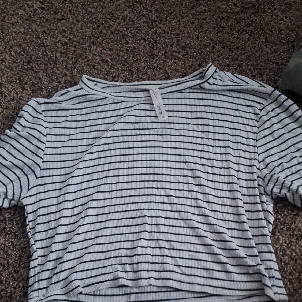Crewneck Ribbed Short Sleeve Tee in White with Black Stripes